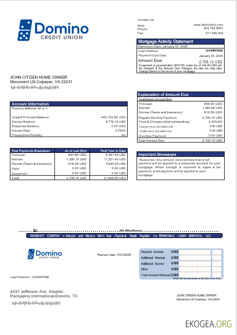 Relevé hypothécaire de la banque USA Bank of Domino aux formats Word et PDF